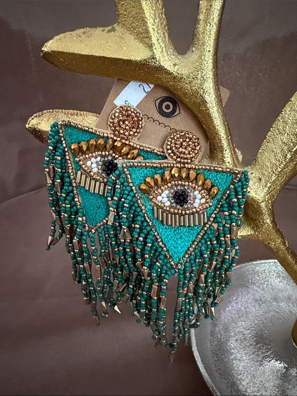 Teal Beaded Fringe Eye Statement Earrings with Gold Accents